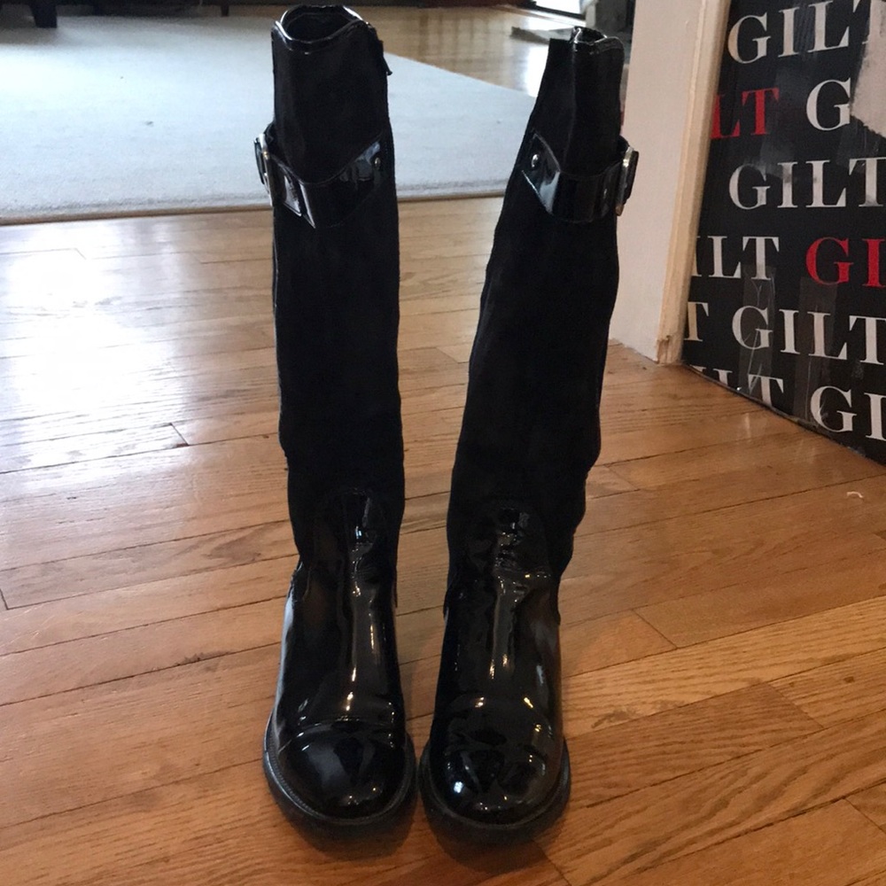 Cole Haan black patent leather and suede boots